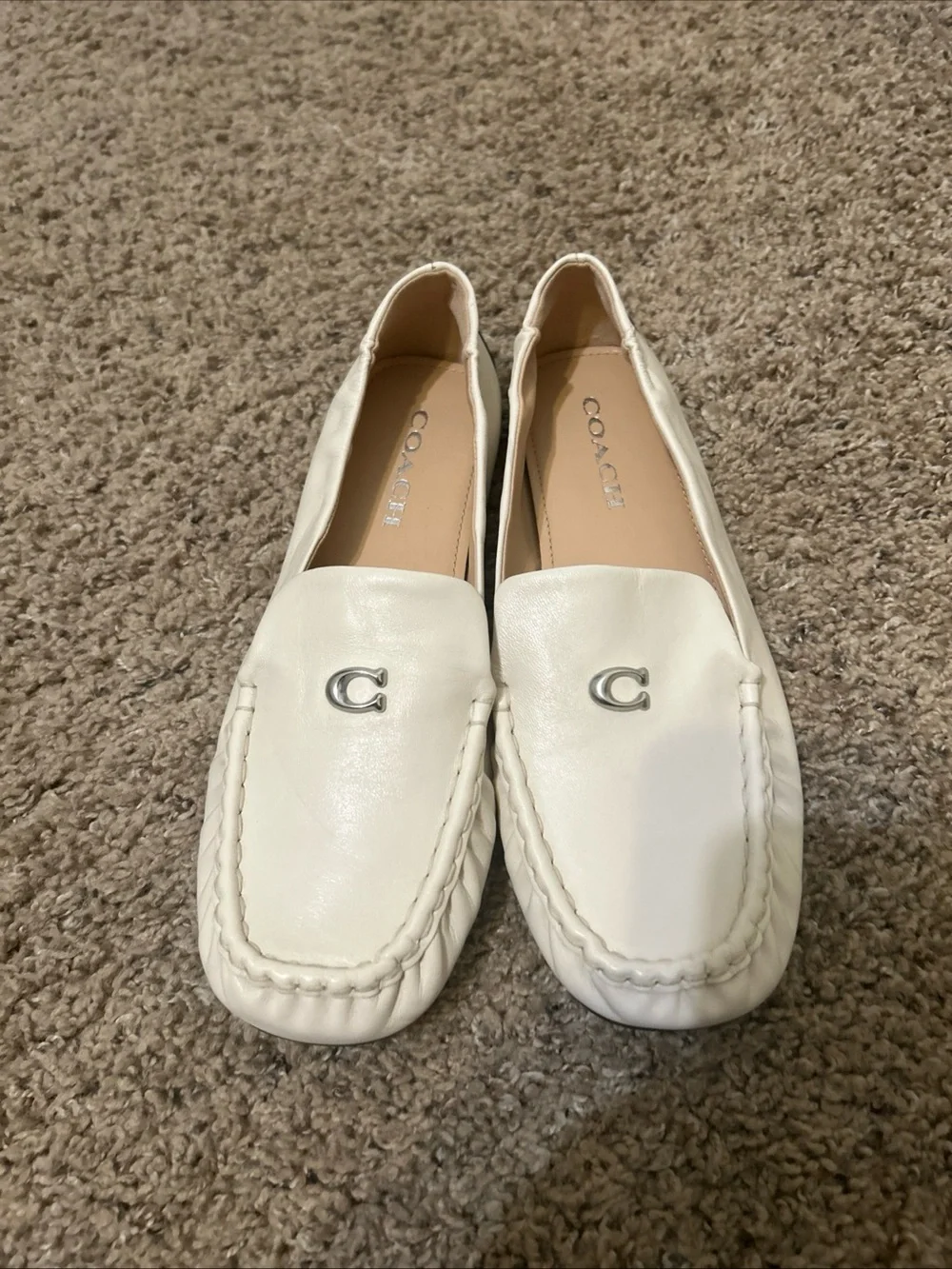 COACH Cream Leather Moccasin Loafers with Silver 'C' Accent